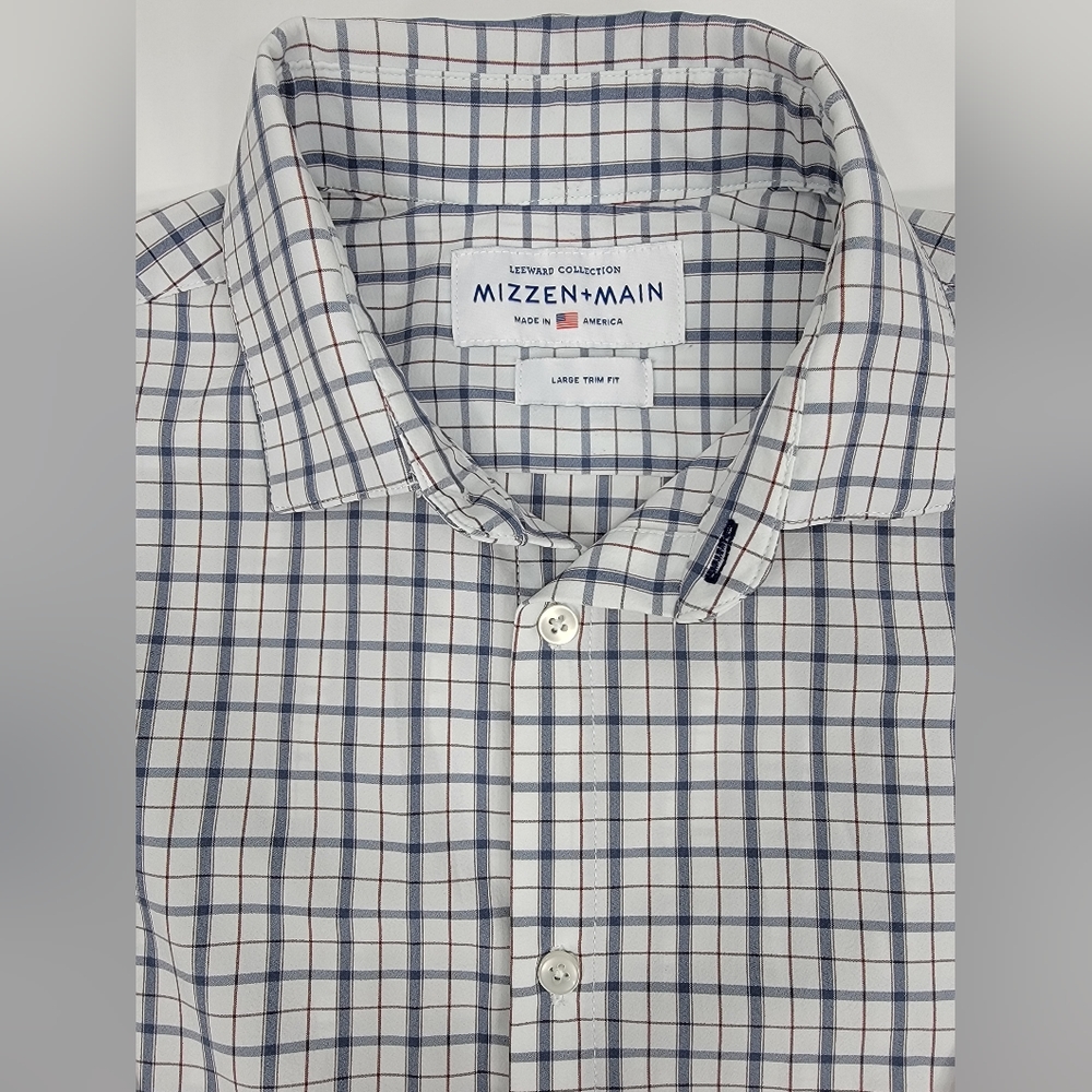 Mizzen Main Plaid Button Shirt White Red Blue Long Sleeve Men's Large Trim Fit